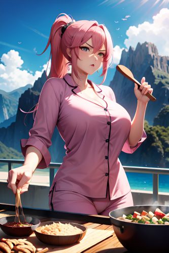 anime,busty,huge boobs,30s age,angry face,pink hair,ponytail hair style,dark skin,skin detail (beta),mountains,front view,cooking,pajamas