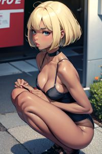 anime,skinny,small tits,70s age,pouting lips face,blonde,bobcut hair style,dark skin,soft anime,strip club,side view,squatting,fishnet