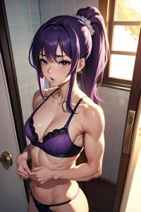 anime,muscular,small tits,50s age,shocked face,purple hair,ponytail hair style,light skin,painting,bathroom,front view,sleeping,bra