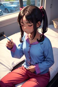anime,muscular,small tits,40s age,pouting lips face,brunette,pigtails hair style,dark skin,painting,car,front view,sleeping,pajamas
