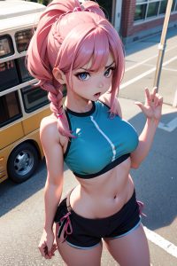 anime,busty,small tits,60s age,angry face,pink hair,braided hair style,light skin,3d,bus,front view,t-pose,bikini