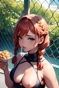 anime,busty,small tits,50s age,pouting lips face,ginger,braided hair style,dark skin,crisp anime,prison,close-up view,eating,fishnet