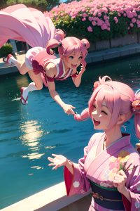 anime,muscular,small tits,60s age,laughing face,pink hair,pigtails hair style,light skin,3d,lake,side view,cooking,kimono