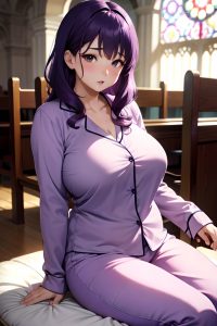 anime,chubby,huge boobs,50s age,shocked face,purple hair,messy hair style,light skin,warm anime,church,front view,straddling,pajamas