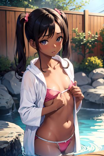 anime,skinny,small tits,20s age,shocked face,brunette,pigtails hair style,dark skin,soft + warm,onsen,front view,bathing,bathrobe