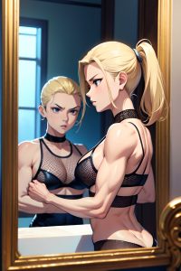 anime,muscular,small tits,60s age,serious face,blonde,slicked hair style,light skin,mirror selfie,street,front view,sleeping,fishnet