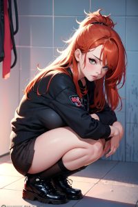 anime,busty,small tits,40s age,pouting lips face,ginger,messy hair style,light skin,cyberpunk,shower,side view,squatting,goth