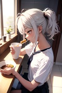 anime,skinny,small tits,20s age,sad face,white hair,messy hair style,light skin,soft anime,bathroom,side view,eating,schoolgirl