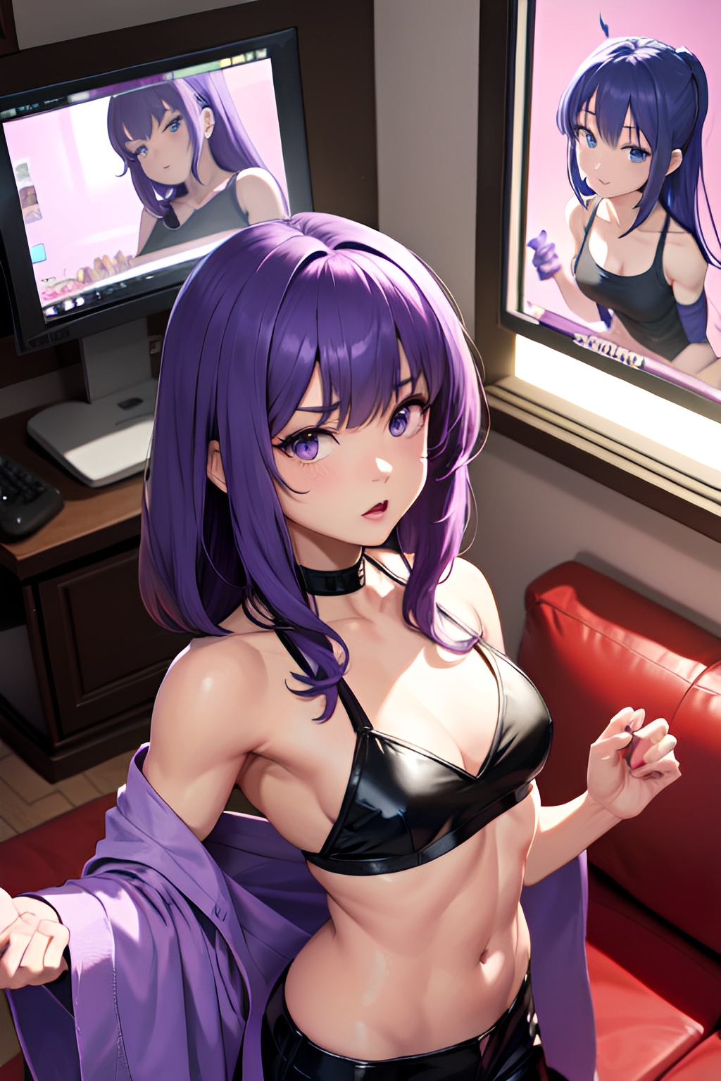Anime Muscular Small Tits S Age Shocked Face Purple Hair Bangs Hair Style Light Skin Comic