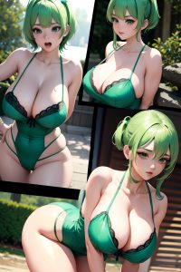 anime,busty,huge boobs,30s age,shocked face,green hair,pixie hair style,light skin,3d,forest,side view,bending over,lingerie
