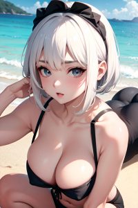 anime,busty,small tits,50s age,seductive face,white hair,bangs hair style,light skin,charcoal,beach,close-up view,yoga,schoolgirl