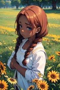 anime,busty,small tits,40s age,sad face,ginger,braided hair style,dark skin,painting,meadow,front view,plank,teacher