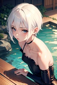 anime,skinny,small tits,60s age,serious face,white hair,pixie hair style,light skin,soft + warm,onsen,close-up view,bending over,goth