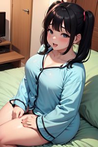 anime,chubby,small tits,50s age,ahegao face,black hair,pigtails hair style,light skin,soft + warm,stage,front view,massage,pajamas