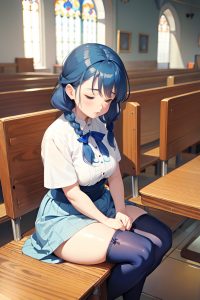 anime,chubby,small tits,40s age,serious face,blue hair,braided hair style,light skin,watercolor,church,side view,sleeping,stockings