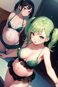 anime,pregnant,small tits,40s age,seductive face,green hair,pigtails hair style,light skin,watercolor,snow,front view,jumping,lingerie