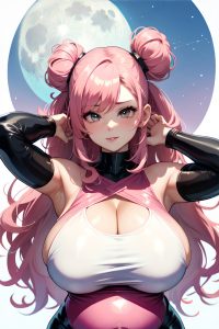 anime,pregnant,huge boobs,20s age,seductive face,pink hair,hair bun hair style,dark skin,watercolor,moon,front view,working out,latex
