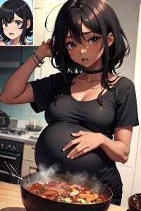 anime,pregnant,small tits,18 age,shocked face,black hair,messy hair style,dark skin,charcoal,bar,close-up view,cooking,latex