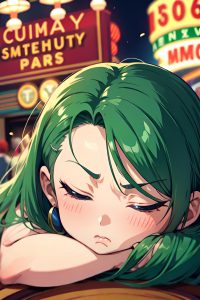 anime,chubby,small tits,30s age,angry face,green hair,slicked hair style,light skin,crisp anime,casino,close-up view,sleeping,partially nude