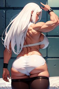 anime,muscular,huge boobs,20s age,pouting lips face,white hair,straight hair style,dark skin,soft + warm,prison,back view,sleeping,mini skirt