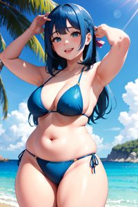 anime,chubby,small tits,30s age,happy face,blue hair,bangs hair style,light skin,film photo,stage,front view,on back,bikini