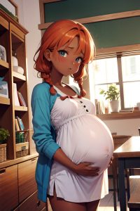 anime,pregnant,small tits,80s age,shocked face,ginger,braided hair style,dark skin,vintage,cafe,front view,t-pose,teacher