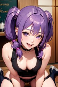 anime,busty,small tits,80s age,laughing face,purple hair,pigtails hair style,light skin,dark fantasy,bar,close-up view,massage,stockings