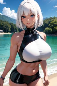 anime,muscular,huge boobs,30s age,happy face,white hair,bangs hair style,dark skin,crisp anime,lake,close-up view,working out,latex