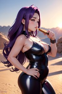 anime,chubby,small tits,20s age,pouting lips face,purple hair,slicked hair style,light skin,3d,desert,side view,eating,latex