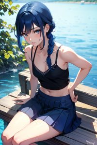 anime,skinny,small tits,20s age,seductive face,blue hair,braided hair style,dark skin,watercolor,lake,side view,on back,schoolgirl