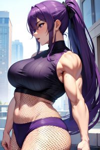 anime,muscular,huge boobs,30s age,orgasm face,purple hair,ponytail hair style,light skin,warm anime,club,side view,t-pose,fishnet