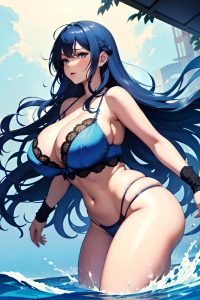 anime,chubby,huge boobs,70s age,orgasm face,blue hair,messy hair style,dark skin,watercolor,club,back view,bathing,lingerie
