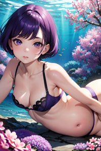 anime,pregnant,small tits,40s age,pouting lips face,purple hair,bobcut hair style,light skin,comic,underwater,front view,straddling,lingerie