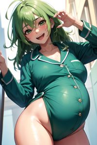 anime,pregnant,small tits,18 age,laughing face,green hair,messy hair style,dark skin,watercolor,street,close-up view,spreading legs,pajamas