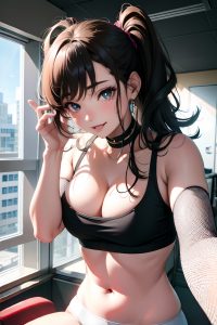 anime,busty,small tits,80s age,happy face,brunette,messy hair style,light skin,black and white,hospital,close-up view,yoga,goth