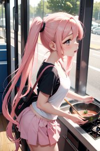 anime,busty,small tits,20s age,shocked face,pink hair,pigtails hair style,light skin,warm anime,bus,side view,cooking,mini skirt