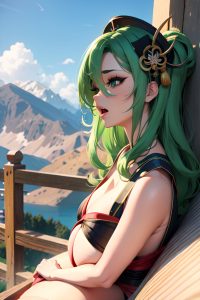 anime,busty,huge boobs,40s age,orgasm face,green hair,slicked hair style,light skin,3d,mountains,side view,gaming,geisha