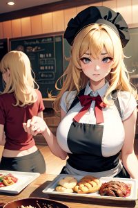 anime,skinny,huge boobs,70s age,sad face,blonde,messy hair style,light skin,illustration,restaurant,close-up view,cooking,schoolgirl