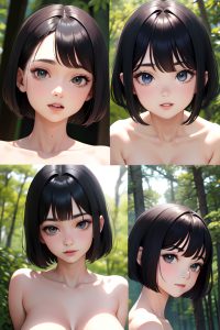 anime,pregnant,small tits,40s age,seductive face,black hair,bobcut hair style,light skin,skin detail (beta),forest,close-up view,eating,nude