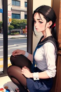 anime,muscular,small tits,60s age,pouting lips face,black hair,slicked hair style,dark skin,watercolor,restaurant,side view,squatting,schoolgirl