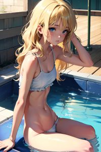 anime,skinny,small tits,80s age,sad face,blonde,messy hair style,light skin,vintage,stage,side view,bathing,schoolgirl