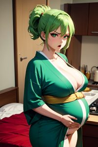 anime,pregnant,huge boobs,70s age,angry face,green hair,pixie hair style,light skin,film photo,bedroom,front view,cooking,kimono