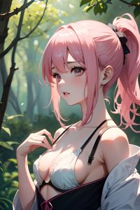 anime,busty,small tits,20s age,sad face,pink hair,ponytail hair style,light skin,watercolor,forest,close-up view,t-pose,lingerie