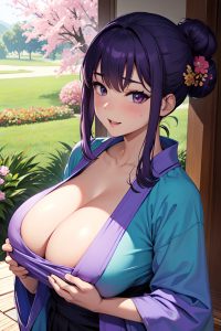 anime,busty,huge boobs,50s age,ahegao face,purple hair,hair bun hair style,dark skin,soft + warm,meadow,side view,yoga,kimono