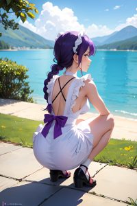 anime,skinny,small tits,18 age,happy face,purple hair,braided hair style,light skin,watercolor,lake,back view,squatting,maid
