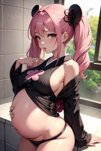 anime,pregnant,small tits,60s age,seductive face,pink hair,pigtails hair style,dark skin,dark fantasy,shower,side view,yoga,geisha