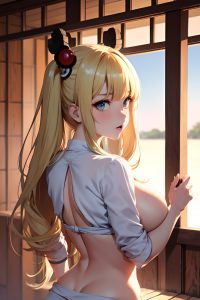 anime,busty,huge boobs,30s age,serious face,blonde,bangs hair style,light skin,black and white,sauna,back view,t-pose,geisha
