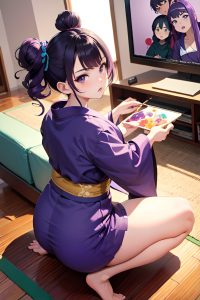 anime,chubby,small tits,20s age,angry face,purple hair,hair bun hair style,dark skin,painting,couch,back view,squatting,kimono