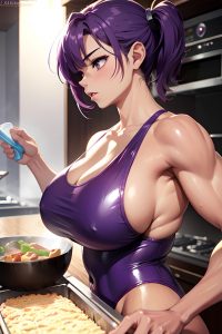 anime,muscular,huge boobs,18 age,sad face,purple hair,pixie hair style,light skin,soft + warm,strip club,side view,cooking,latex