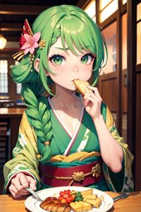 anime,muscular,small tits,18 age,pouting lips face,green hair,braided hair style,light skin,crisp anime,bar,close-up view,eating,kimono